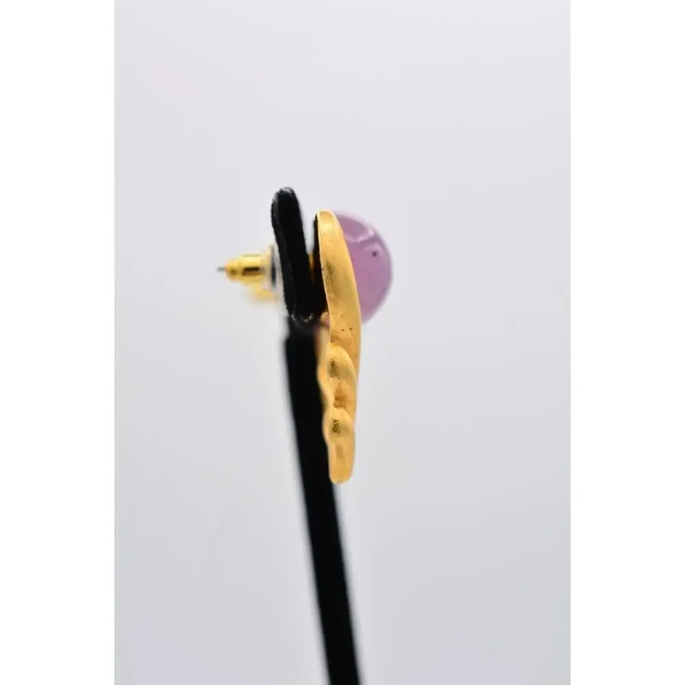 Vintage Cabochon Earrings Purple Marbled Lucite Brushed Gold Dangle Drop 90s 9L